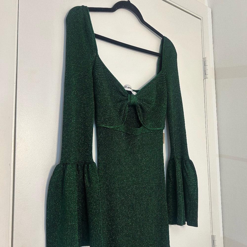 Self-Portrait Metallic Knit Bow-Detail Cut-Out Midi Dress –Emerald Green -Size L